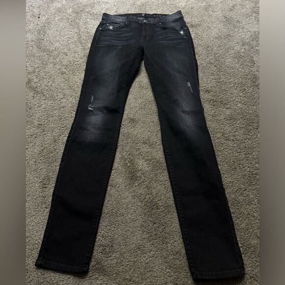 7 For All Mankind Faded Black The Skinny Distressed Jeans Size 27 - Picture 5 of 10